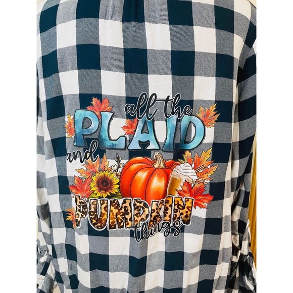 Time & Tru Turquoise Plaid V-Neck Custom Fall Graphic Blouse Size M 8-10 - Picture 7 of 10